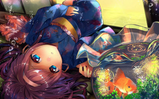 Girl fish bowl anime fireworks - inside free wallpaper