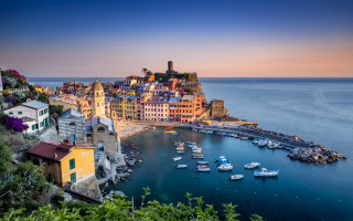 Cliff village ocean boat city - evgeny lushpin free wallpaper