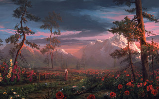 Woman flower field sunset mountains - the distance free wallpaper