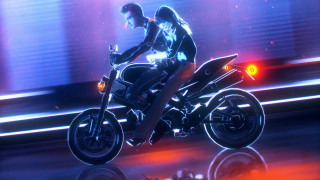 Man motorcycle city night neon 2 - a neon light behind free wallpaper