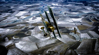 Plane flying large field sky - matte painting free wallpaper