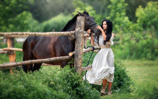 Woman white dress horse fence - a storybook illustration free wallpaper for desktop