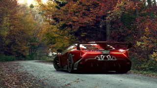 Red sports car forest autumn - digital free wallpaper for desktop