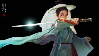 Woman kimono sword hat fantasy - a woman in a kimono holding free wallpaper