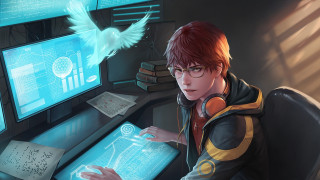 Man sitting desk headphones bird - art station free wallpaper