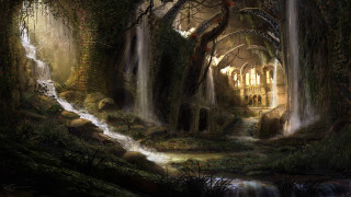 Waterfall forest painting side middle - matte fantasy painting free wallpaper