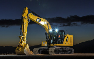 Yellow excavator night road lights - the side of the road free wallpaper