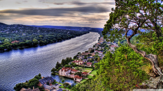 River forest valley hillside cityscape - a matte painting free wallpaper