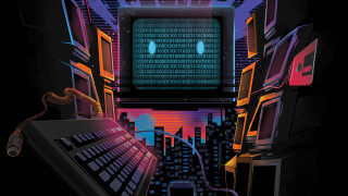 Cyberpunk monitor face city night - a face free wallpaper