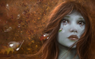 Woman leaves face bubbles underwater - painted free wallpaper