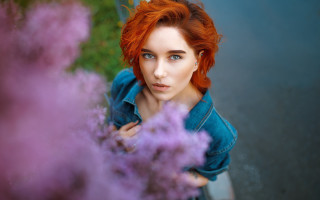 Redhair bush flower portrait blueeyes - art nouveau free wallpaper
