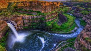 Waterfall canyon river greenfield nature - a green field below free wallpaper