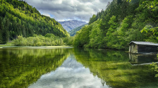 Cabin lake trees mountains nature - a small cabin free wallpaper
