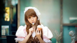 Girl cosplay pink flower cupcake - cosplay free wallpaper