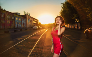 Woman red dress train track - her face free wallpaper for desktop