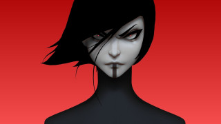 Woman blackhair blackdress cross redbackground - black hair free wallpaper
