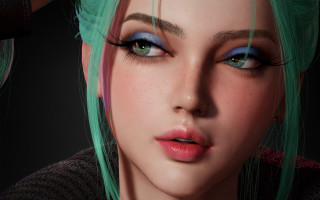 Green hair blue eyes portrait - chen hong free wallpaper