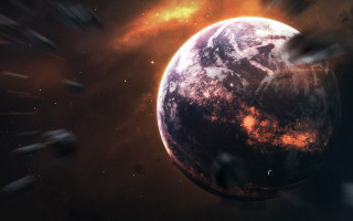 Space planet moon stars fireworks - orange glow free wallpaper