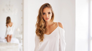 Woman white shirt cake room - white background free wallpaper