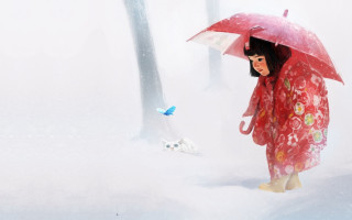 Woman red kimono umbrella snow - an umbrella in the snow free wallpaper