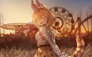 Girl dress field cat ferriswheel - primitivism free wallpaper