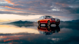 Red car lake mountains sunset - renaissance free wallpaper