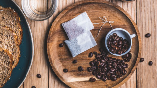 Bread coffee beans napkin water - postminimalism free wallpaper for desktop