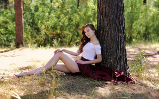 Woman sitting under tree forest - fashion photoshoot free wallpaper for desktop