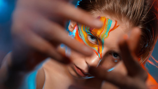 Painted girl hand gesture blue - bright color free wallpaper