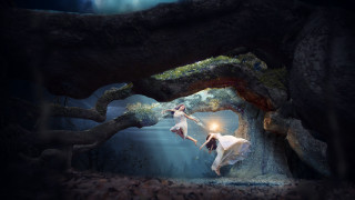 Two women white dresses cave - surreal photography free wallpaper