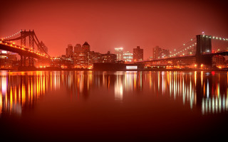 Red sky cityscape bridge river - night free wallpaper for desktop