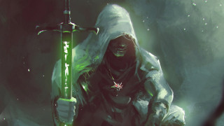 Hooded man green sword glowing - a green light free wallpaper