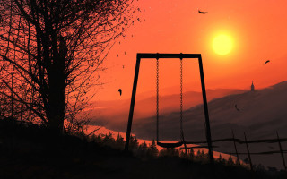 Sunset swing set birds tree - a tree in the foreground free wallpaper