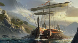 Ship ocean mountain birds fantasy - a painting of a ship in the ocean free wallpaper