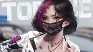 Pink hair cyberpunk masked woman - art free wallpaper