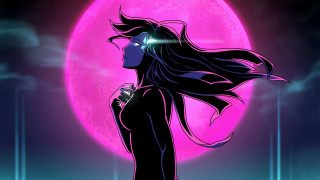 Woman long hair pink moon - synthwave style free wallpaper