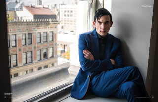 Man blue suit window sill - christopher rush free wallpaper