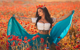 Woman flower field blue skirt - impressionist free wallpaper