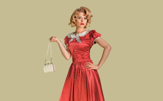 Woman red dress white purse - promotional image free wallpaper for desktop