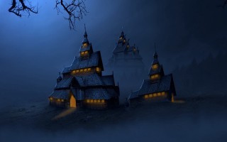 Moonlit gothic architecture foggy scene - evgeny lushpin free wallpaper