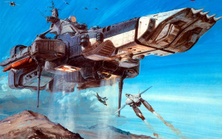 Spaceship mountain range retrofuturism flag - dave dorman free wallpaper