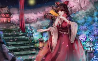 Woman red dress stairs fan - her hand and a man in a suit free wallpaper