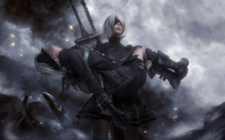 Woman sword clouds neo romanticism - a black outfit holding free wallpaper