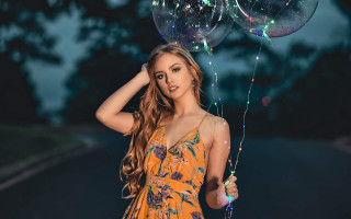 Woman balloons planet night star - aramenta dianthe vail free wallpaper