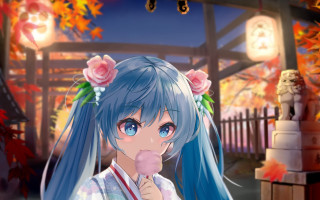 Blue hair girl kimono autumn - kawaii free wallpaper
