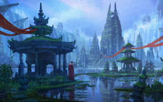 Fantasy city lake figure bridge - christophe vacher free wallpaper