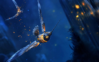Bird flying forest fireflies night - firefly free wallpaper