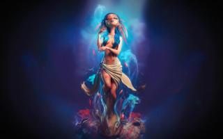 Woman sword demon blue background - back free wallpaper