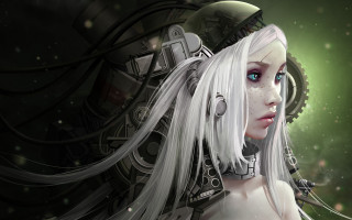 White hair robot helmet clock - cyberpunk art free wallpaper