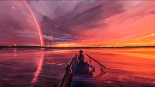 Sunset dock rainbow mountain ocean - alena aenami free wallpaper